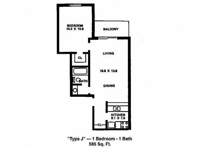 Floor plan for 1 bed, 1 bath, 585 sqft